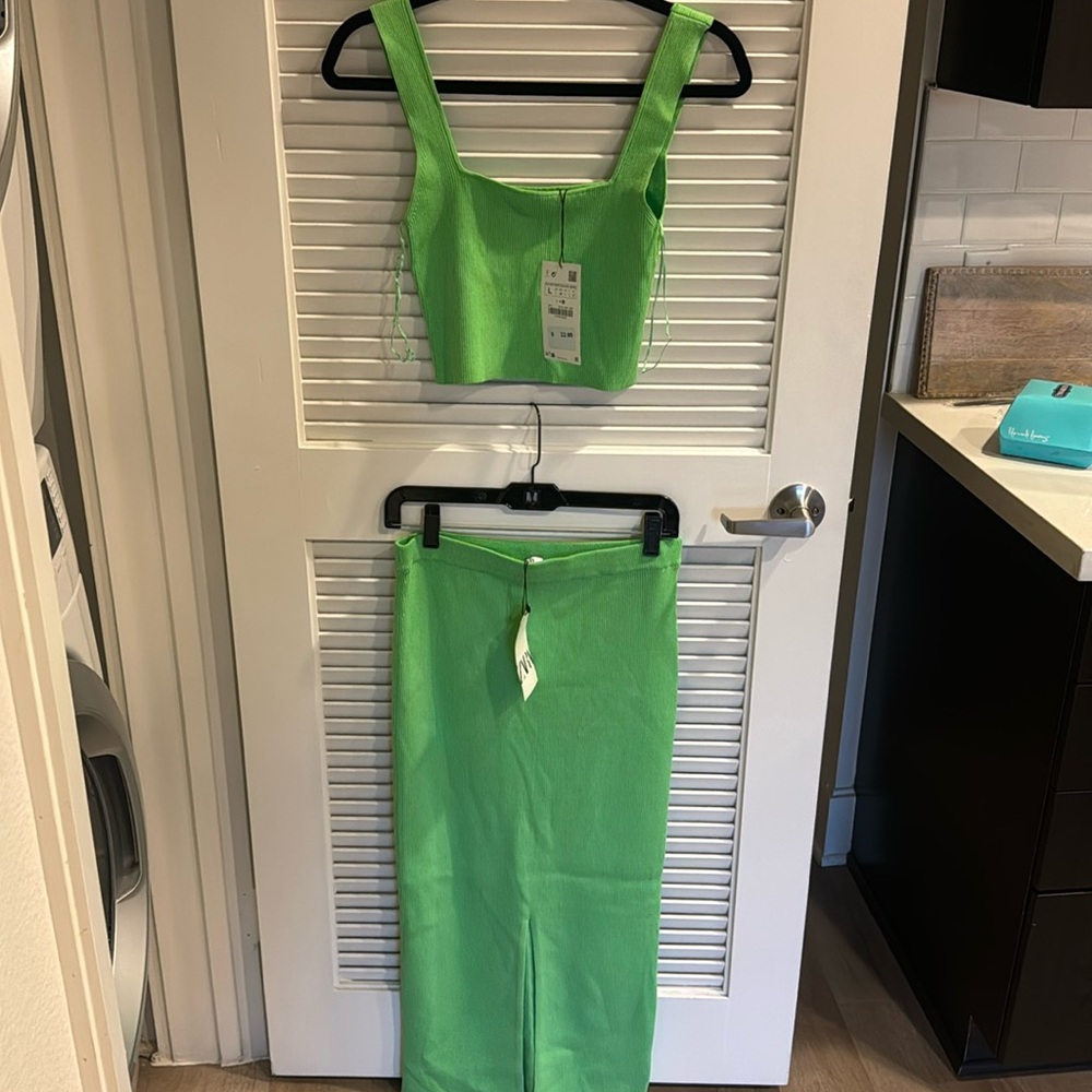 ZARA lime green crop top tank and midi pencil skirt co-ord set NEW